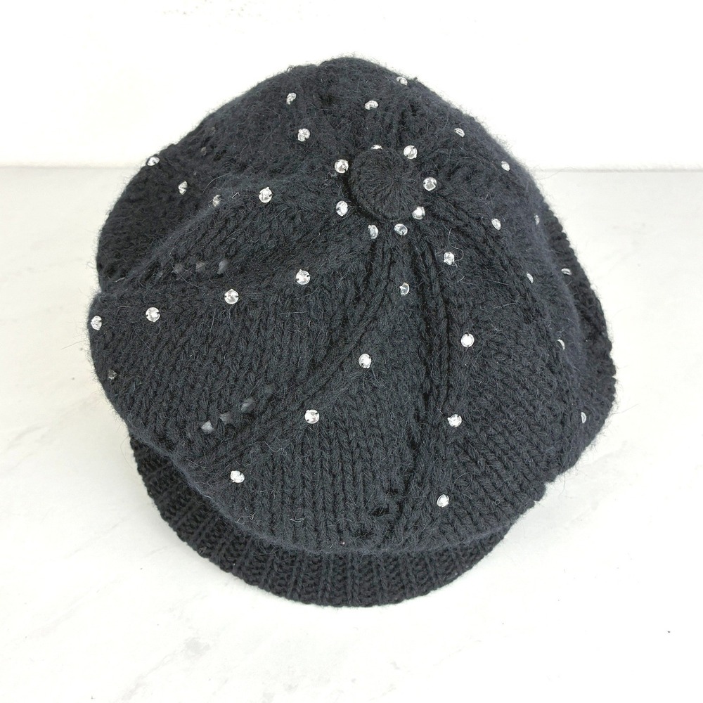 Betmar Black Angora Blend Rhinestone Newsboy Hat - OS- Pointelle Knit Y2K Glam